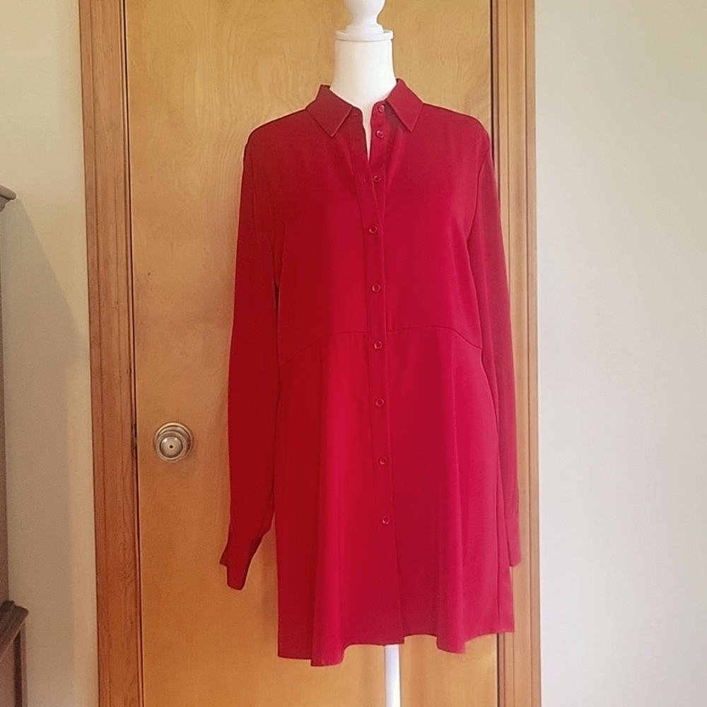 Susan Graver Stretch Peachskin Button-front Shirt, Scarlett Red, Ize Small